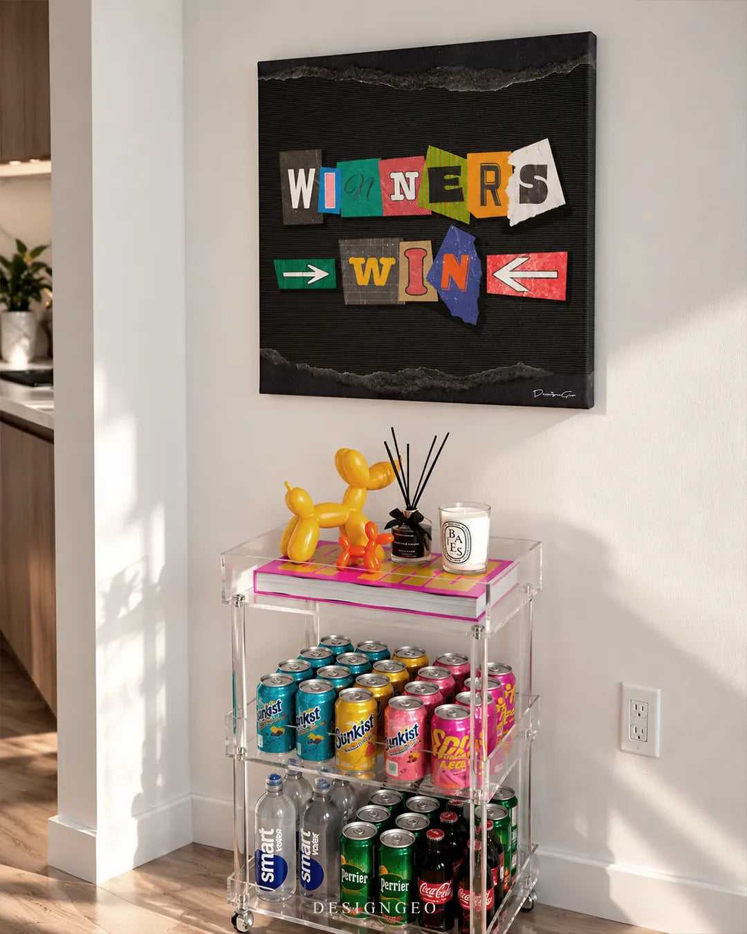 Winners Win colorful ransom note cutout letters square canvas wall art displayed on a white wall in a modern apartment above a clear acrylic drink cart 0.75 inch thin wrap