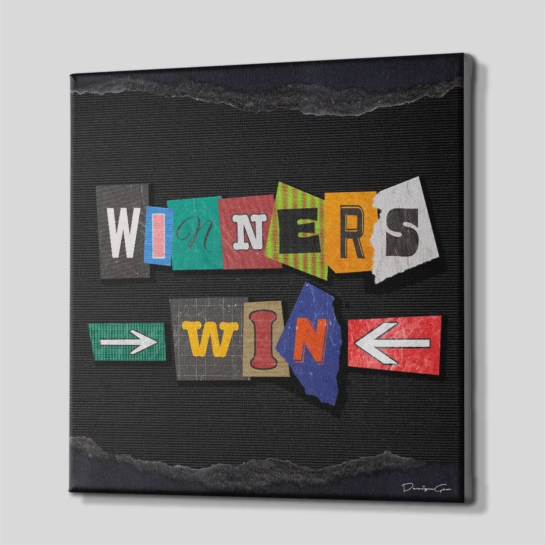 Side angle of the vibrant Winners Win typography canvas print, highlighting the high-quality gallery wrap finish and professional 3D frame depth