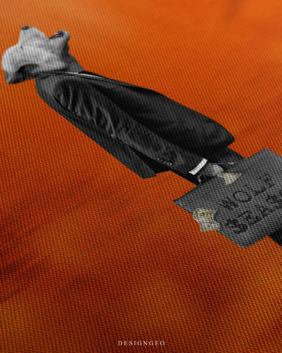 Close-up of motivational business wall art featuring a howling wolf dressed in a professional suit with a briefcase and floating dollar bills on a vibrant orange background