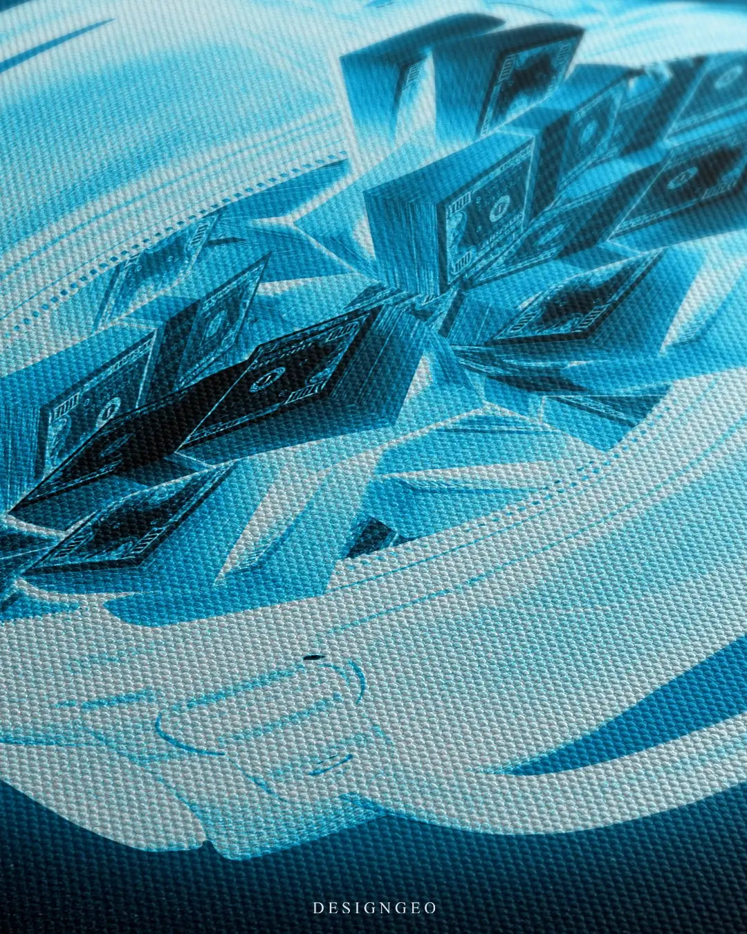 Close-up of modern wall art featuring a luxury duffel bag filled with stacks of cash shown through a blue X-ray effect on a solid black background