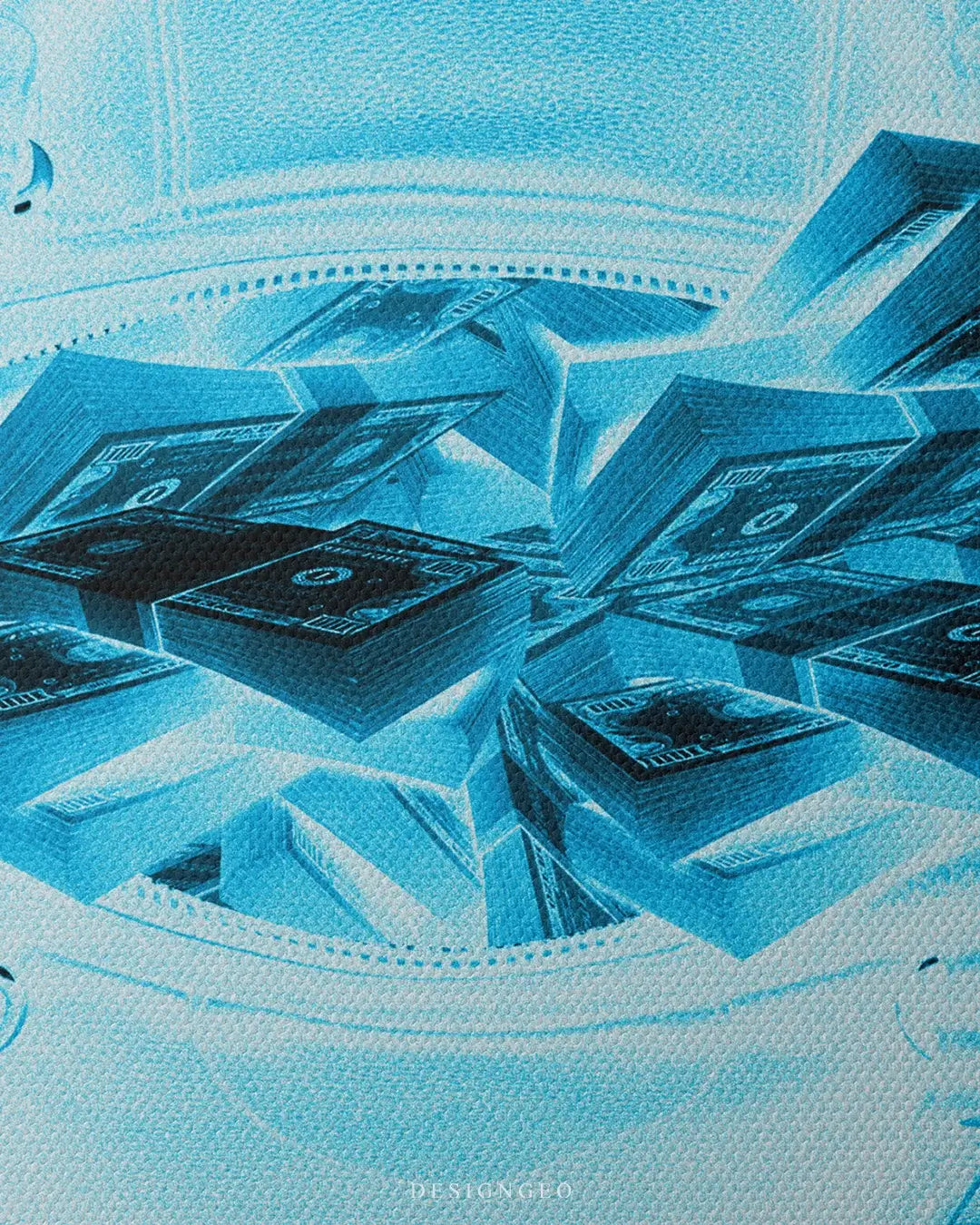 Artistic canvas illustration of a bag full of money in X-ray style, symbolizing wealth transparency and financial ambition with a sleek digital aesthetic