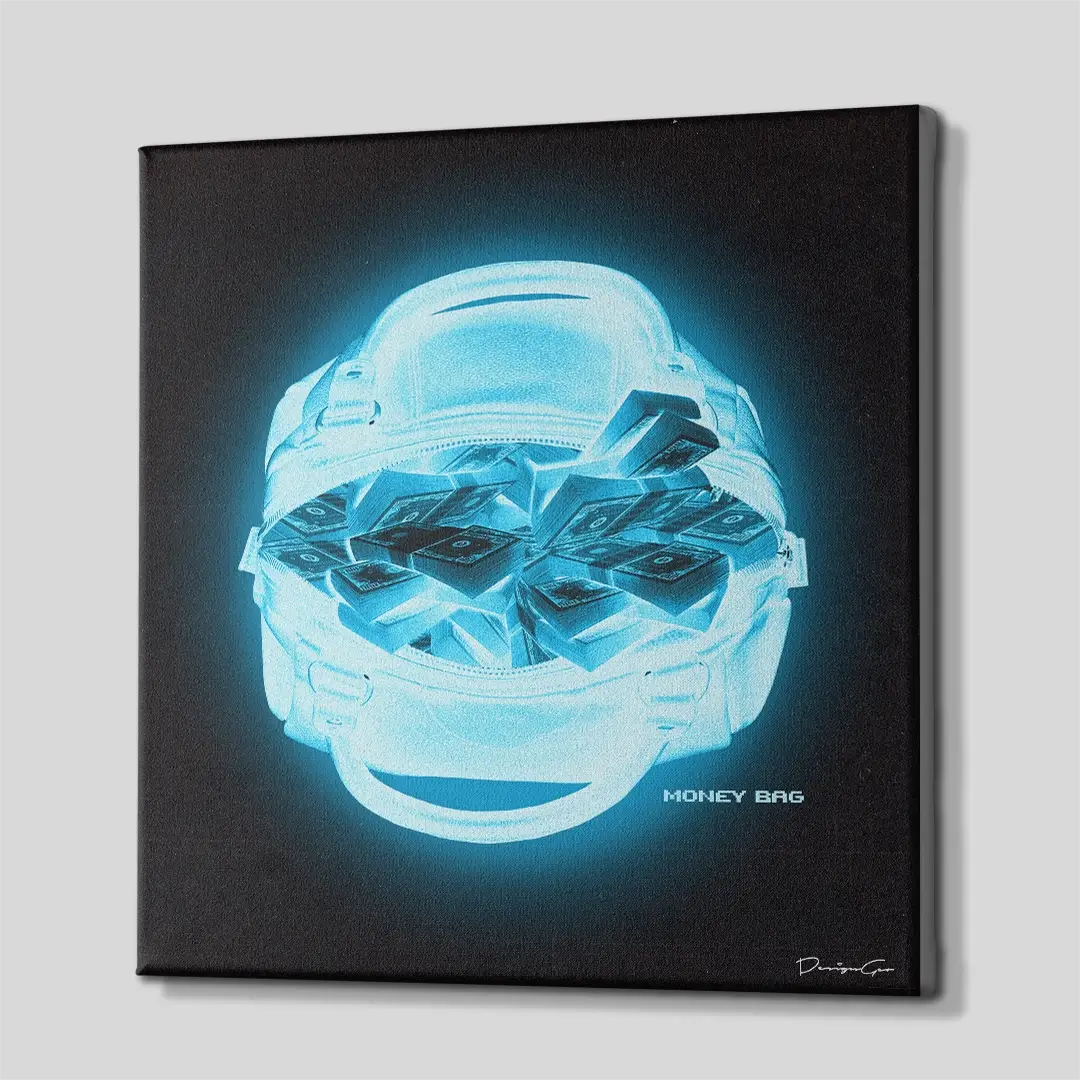 Side angle of the transparent money duffel bag canvas print, highlighting the high-quality gallery wrap finish and the professional 3D frame depth