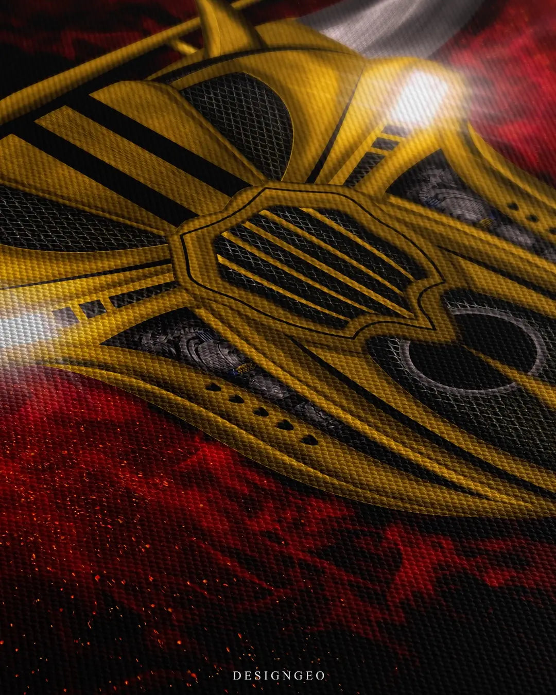 Close-up of a yellow bull portrait made of exotic car engine parts, showing intricate mechanical details and metallic textures on a deep red background