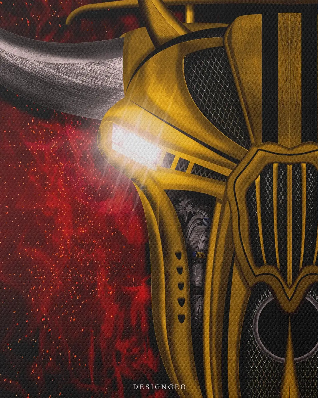 Artistic illustration of a majestic bull head assembled from supercar components and racing parts, symbolizing power and high-end automotive engineering