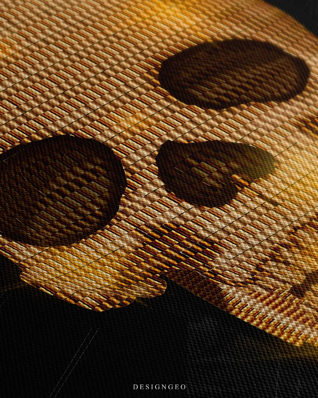 Close-up side view of a canvas wall art featuring a metallic gold skull, showing the high-definition gold ink and textured canvas surface