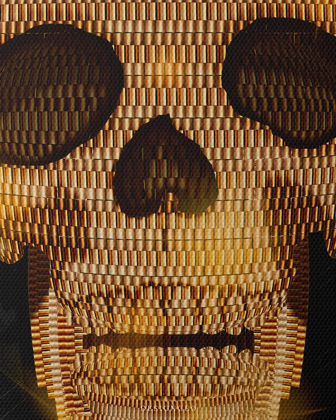Detailed frontal shot of a golden skull illustration with realistic shadows on a solid black background, printed on professional canvas