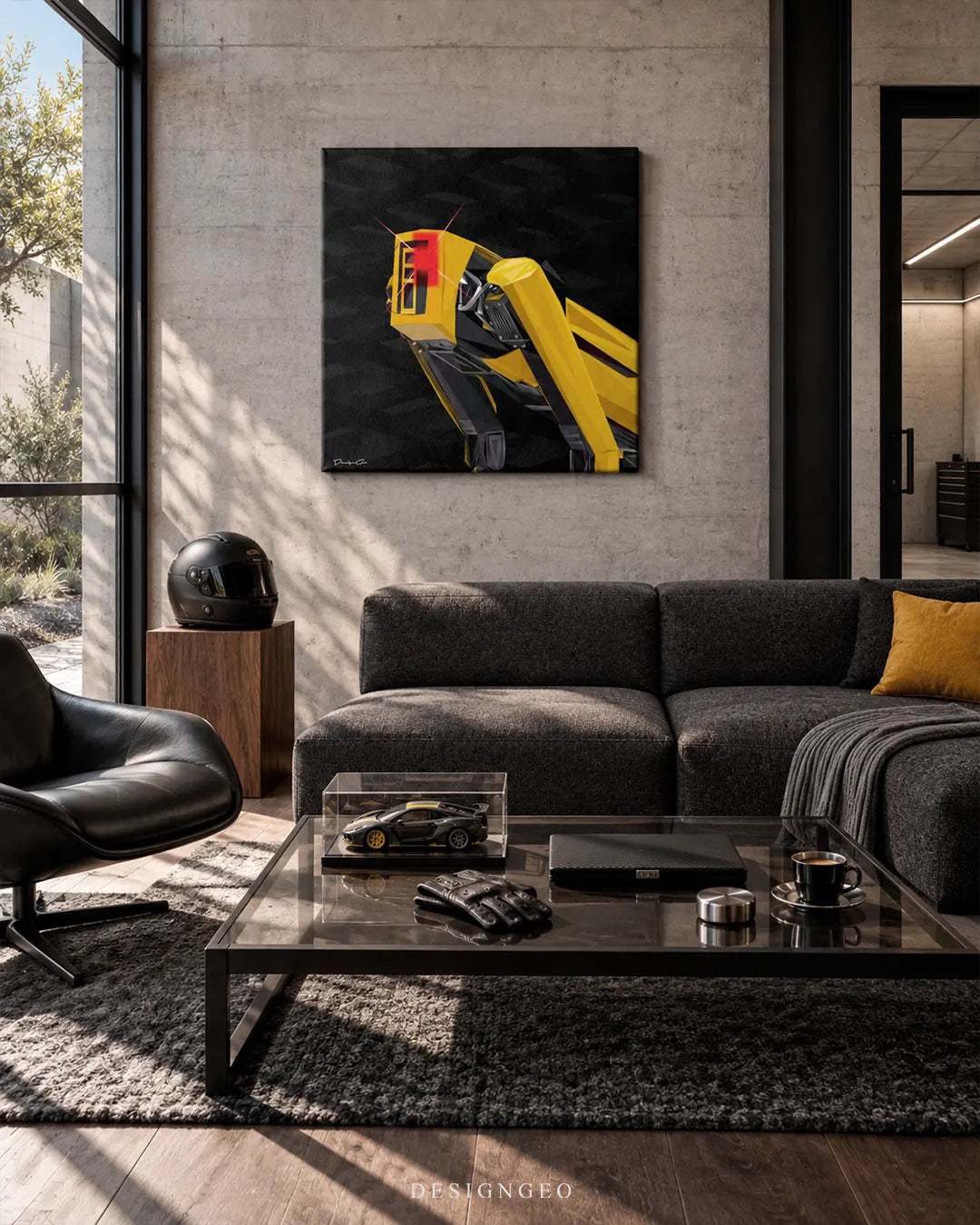 Square dark canvas print featuring a dynamic yellow robot dog with a glowing red head mounted on a concrete wall in a modern living room above a charcoal sectional sofa