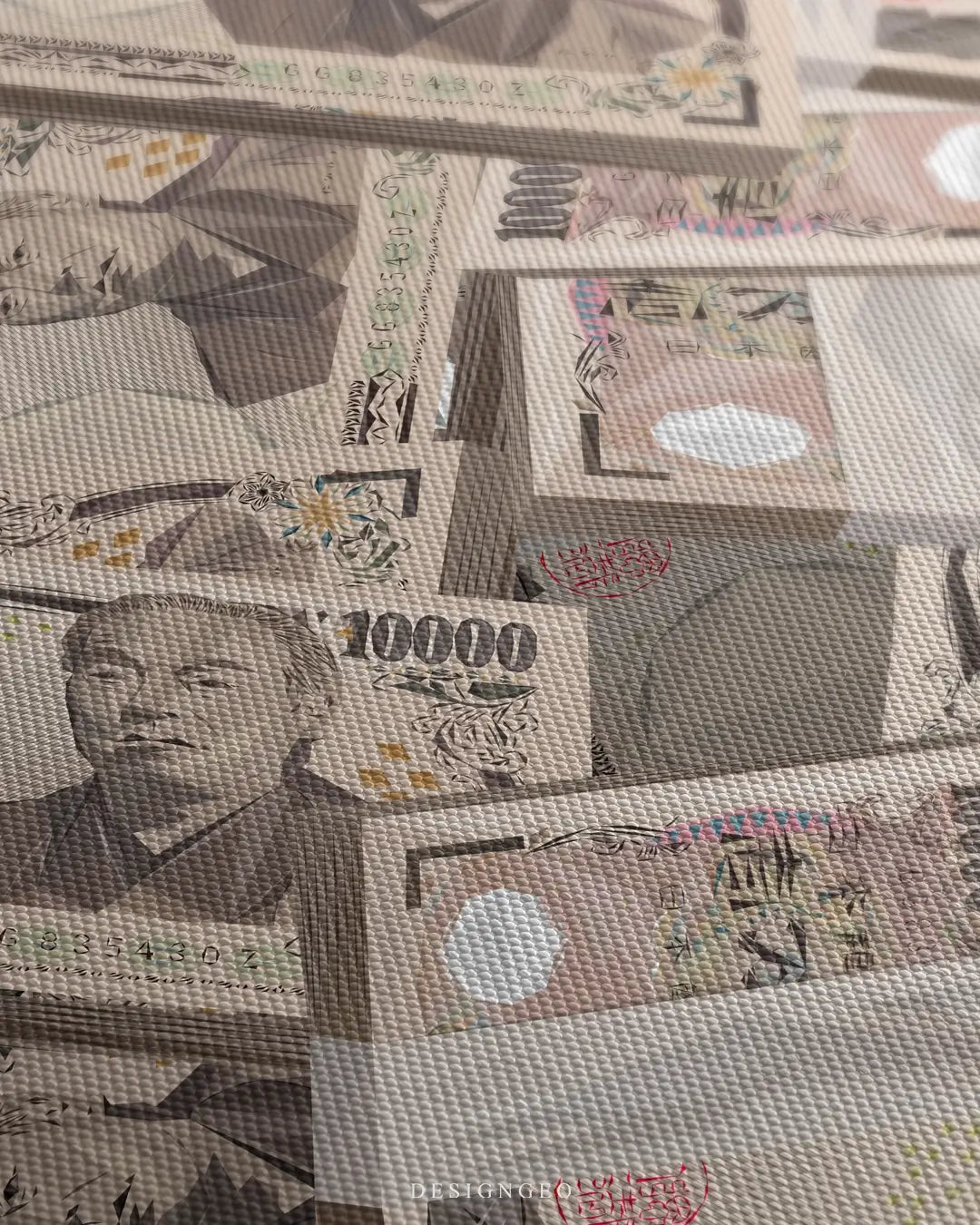 Close-up of modern money wall art featuring stacks of Japanese Yen banknotes with detailed textures on a minimalist beige background