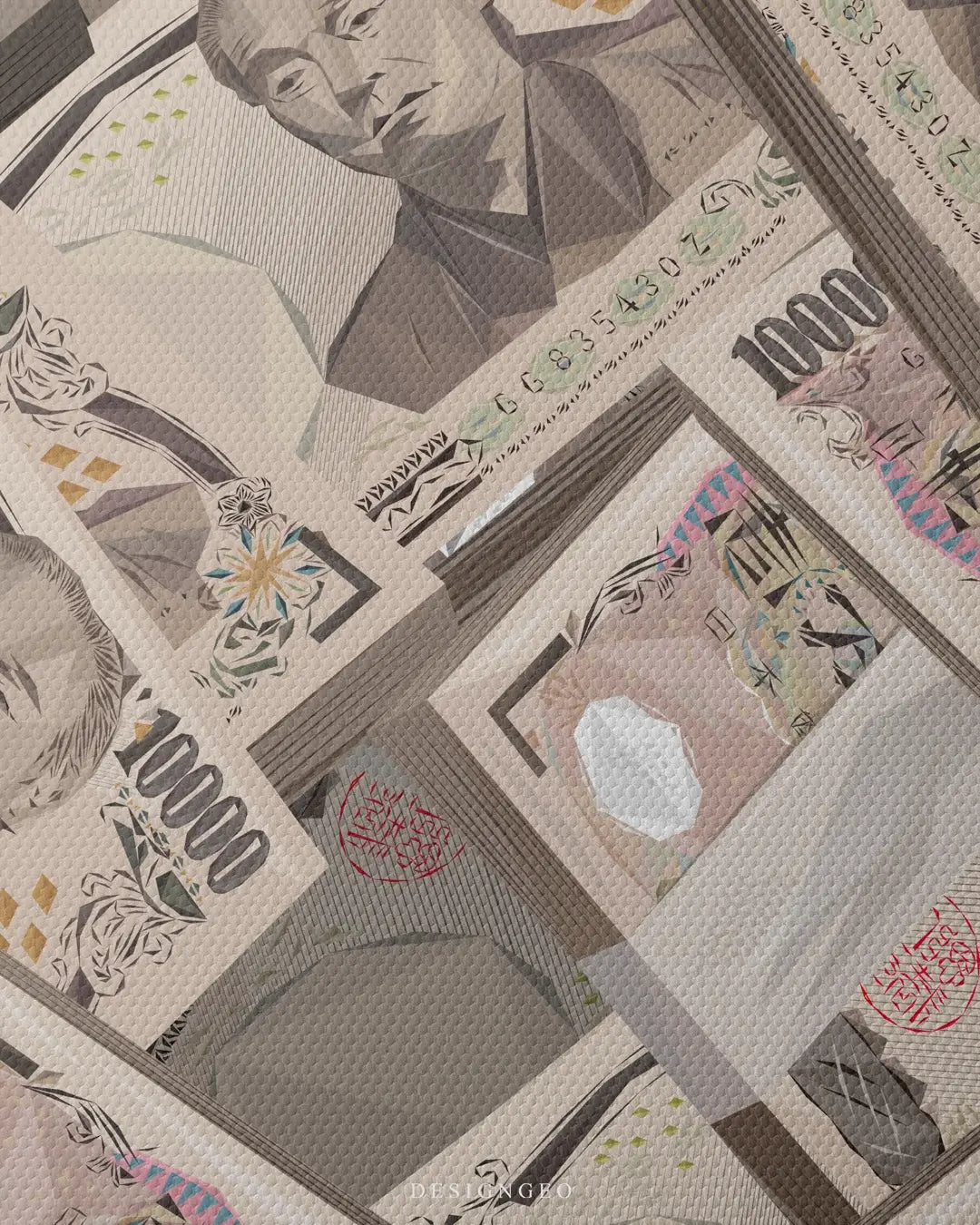 Detailed view of the "Japanese Yen Stacks" art, showcasing the clean lines of the currency bundles and the warm neutral tones of the contemporary canvas