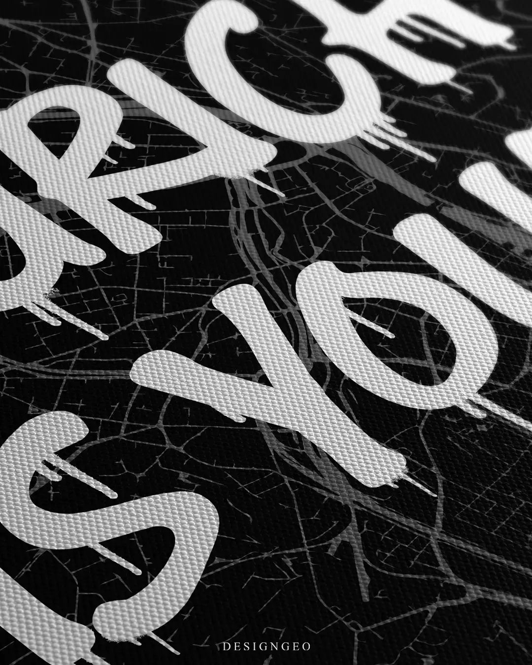 Angled detailed view of the "Zurich is Yours" square canvas print, showcasing the high-resolution woven canvas material and intricate street map grid lines under bold white spray-paint lettering
