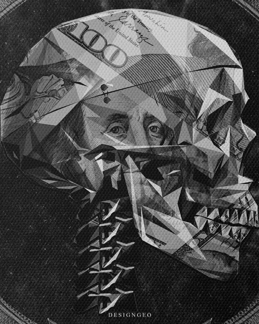Detailed view of the money skull canvas art, showcasing the crisp definition of the currency overlapping patterns and the dramatic lighting on a dark background