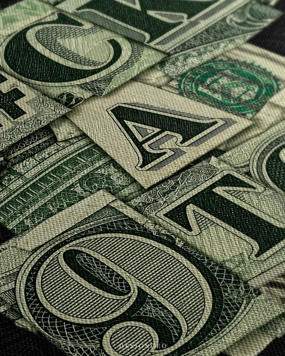 Angled macro view of a canvas print highlighting fine canvas texture and US dollar bill folded typography forming the phrase 9 TO 5