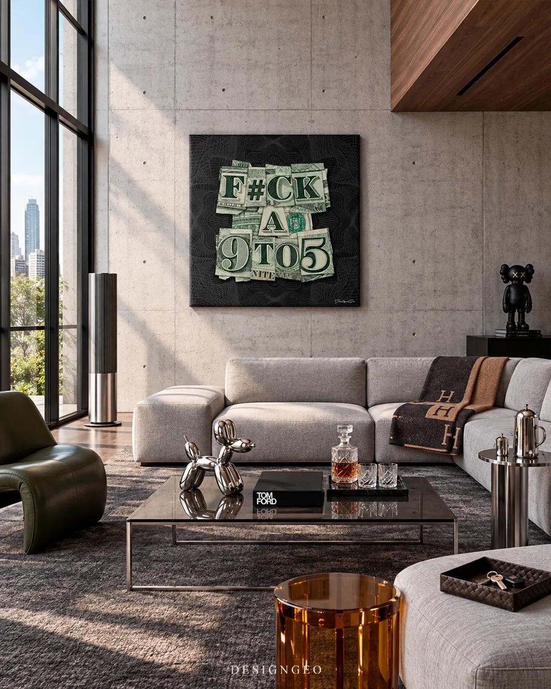 A 9 TO 5 dollar collage square canvas print displayed on a concrete wall above a grey sectional sofa in a luxury modern living room