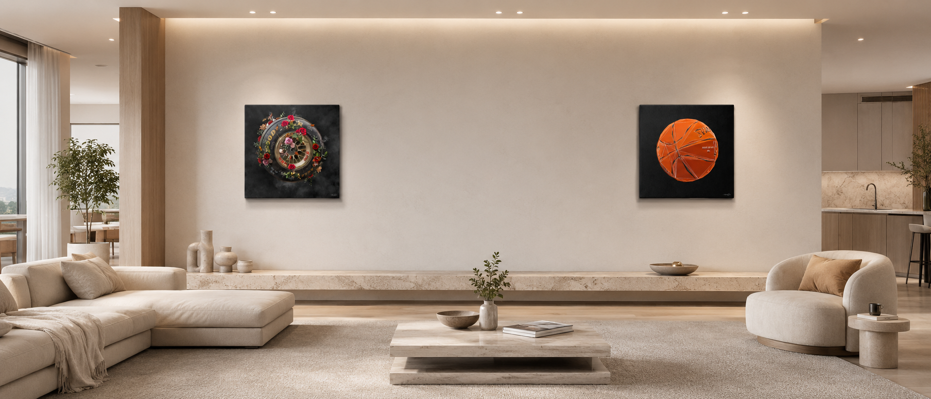 Modern luxury living room interior featuring a matching set of two square sports canvas prints side-by-side on a minimalist beige wall, displaying an F1 racing wheel decorated with roses and a geometric orange basketball design on a black background, set above high-end cream sofas and a marble coffee table