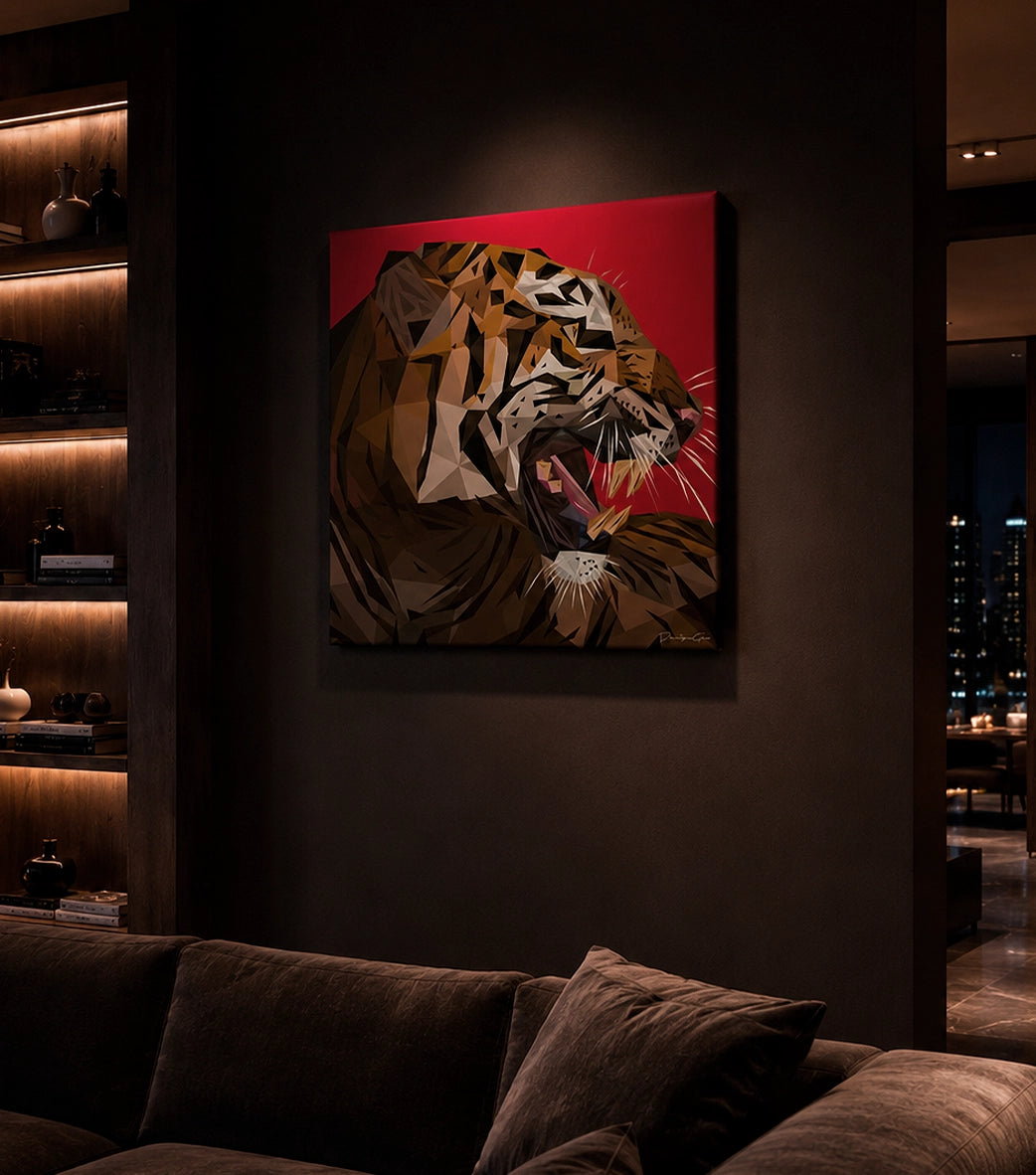 Luxury modern living room interior featuring a square roaring geometric tiger canvas art print with a bold red background, mounted on a dark brown textured wall above a plush fabric sofa