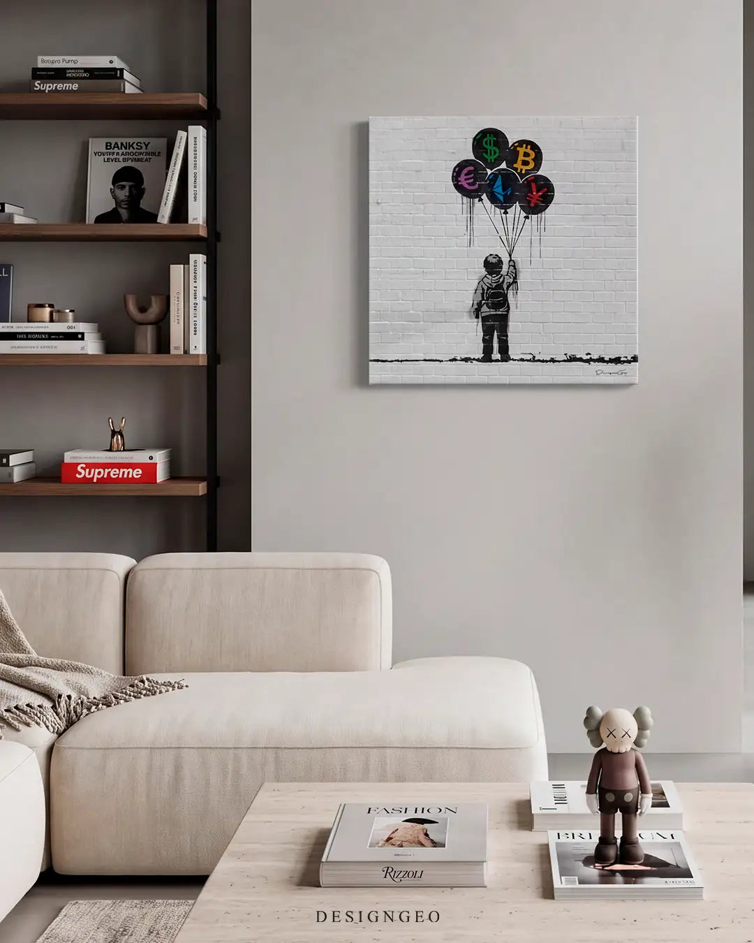 Modern minimalist bedroom interior featuring a square stencil graffiti canvas print of a boy holding Bitcoin and fiat currency balloons, mounted on a light gray wall above a contemporary white sofa