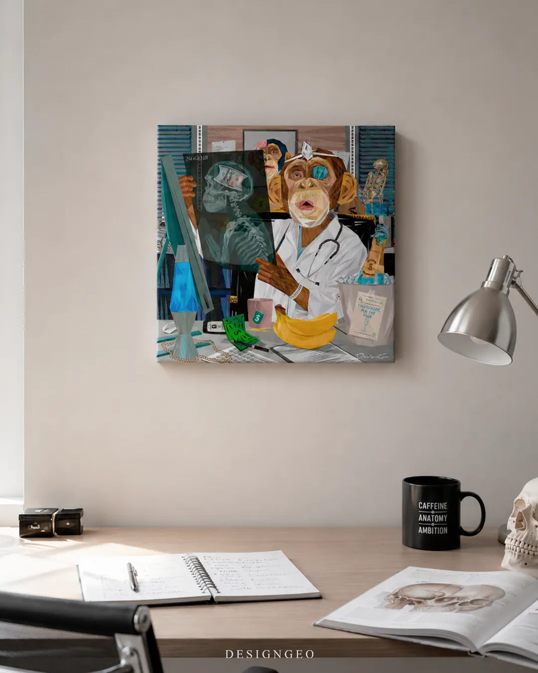 Square monkey doctor canvas print mounted above a wooden study desk with open anatomy textbooks, notebook, and desk lamp in a doctor office setup