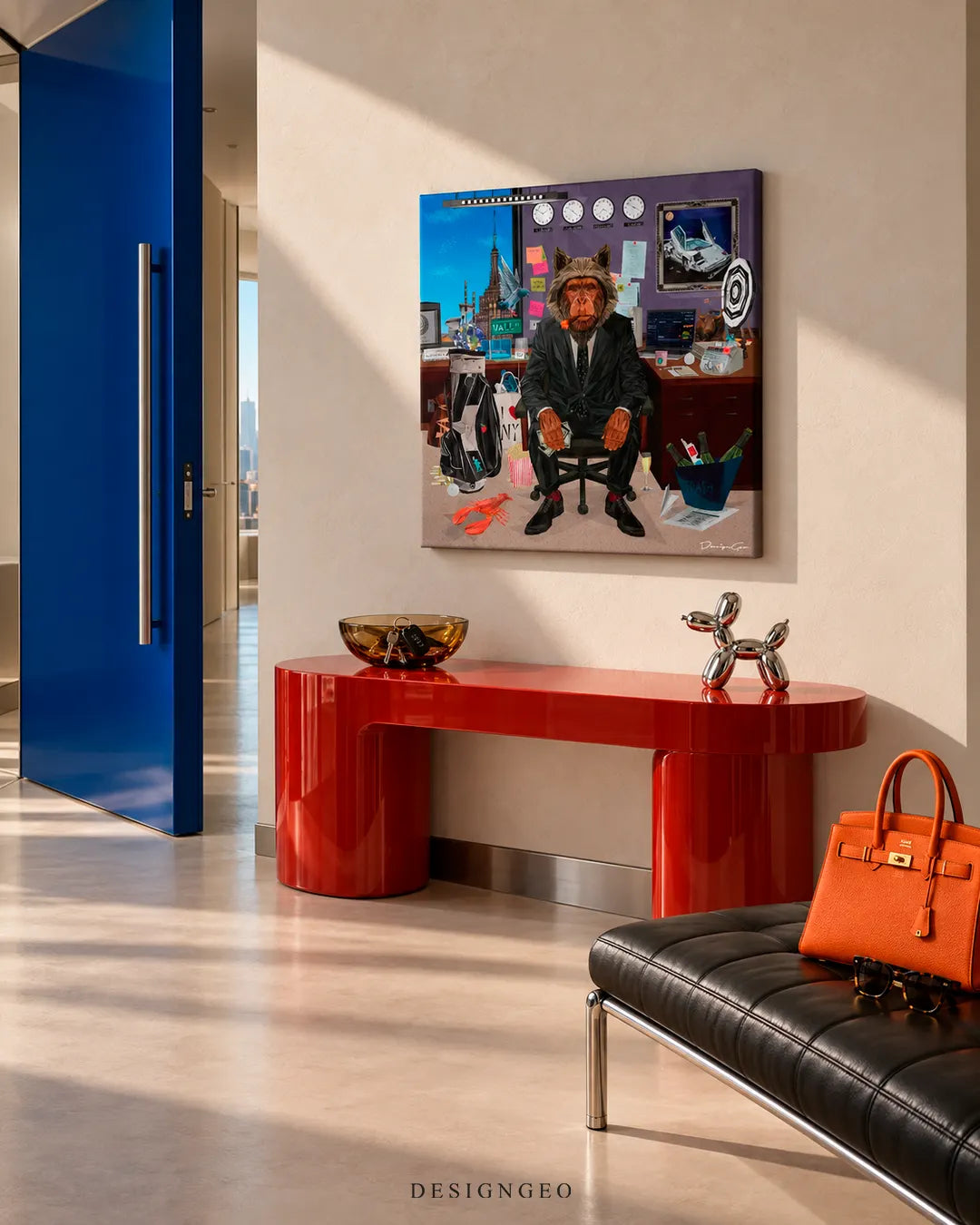 Executive hallway decor featuring a square canvas print of a chimpanzee trader wearing a wolf hood in a Wall Street trading office mounted above a red console table