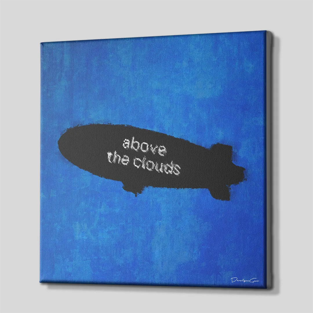 Side perspective view of square canvas print showing black zeppelin silhouette with ABOVE THE CLOUDS quote on textured blue background and wrapped canvas edges