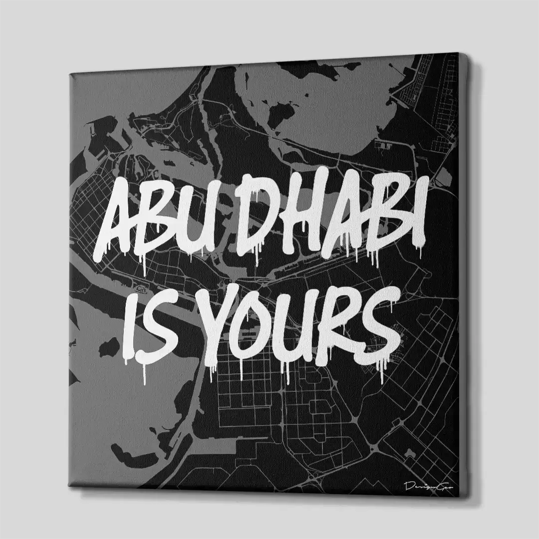 Side perspective of the Abu Dhabi urban map canvas print, highlighting the premium gallery wrap finish and the solid 3D frame depth perfect for luxury professional workspaces