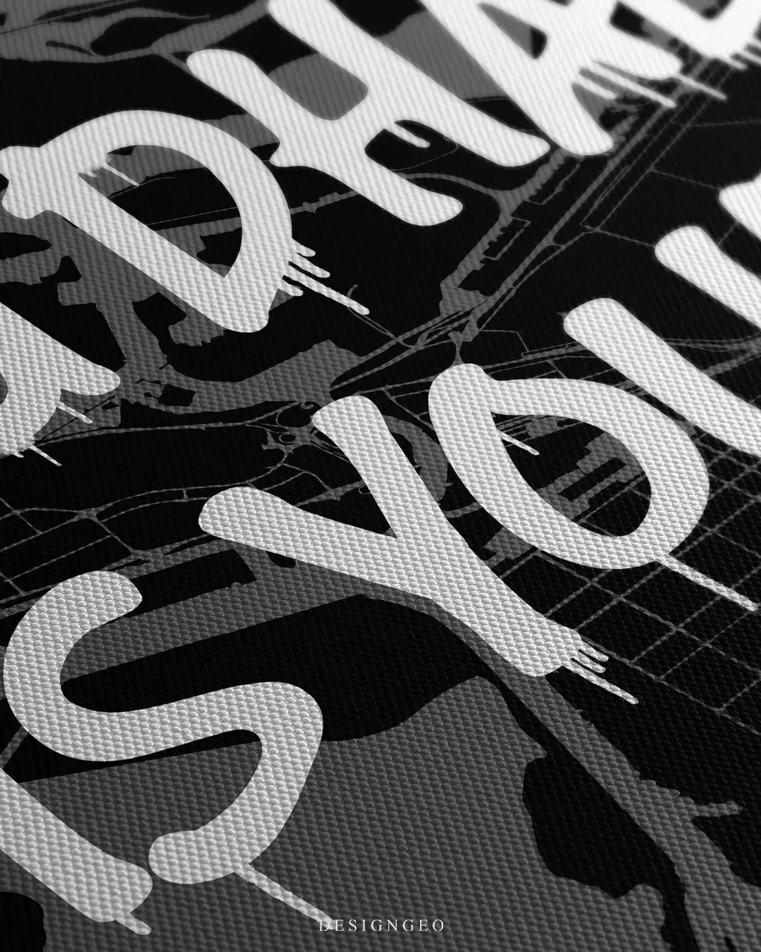 Detailed view of the "Abu Dhabi is Yours" canvas art, showcasing the crisp contrast between the intricate island coastline map lines and the fluid white spray-paint lettering