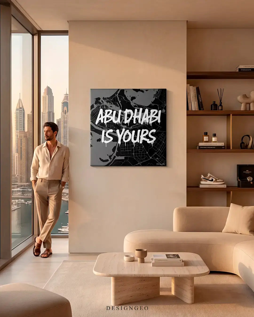 Modern interior displaying the Abu Dhabi map square canvas wall art above a sofa, adding a sophisticated metropolitan touch to executive offices or luxury Emirati style livings