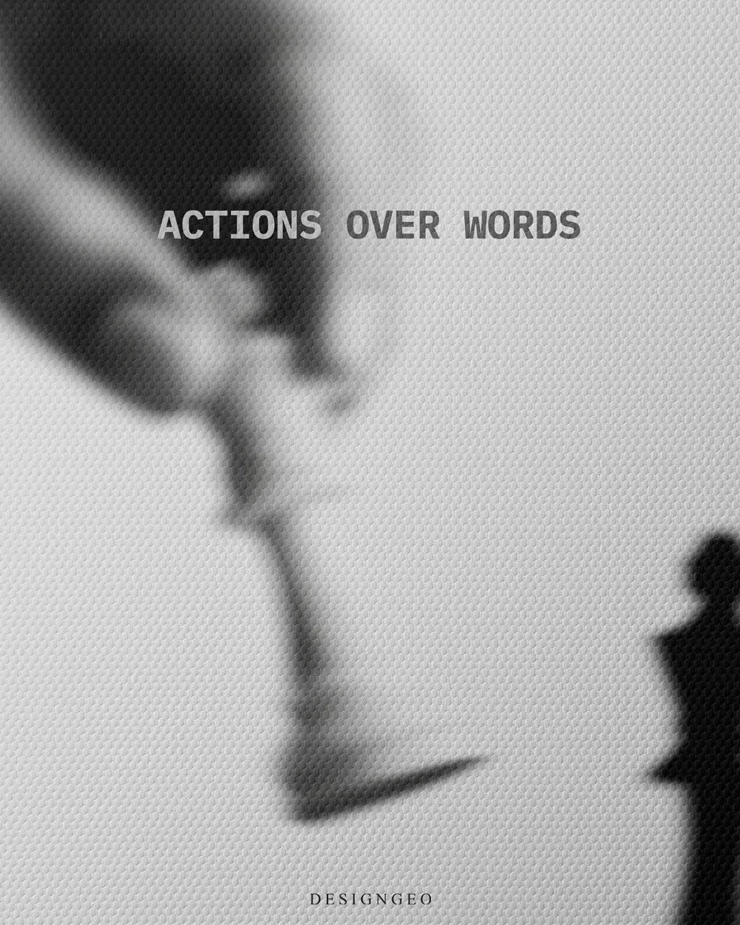 Close up texture view of Actions Over Words quote printed above blurred hand moving chess piece on fine woven square canvas wall art 0.75 inch thin wrap