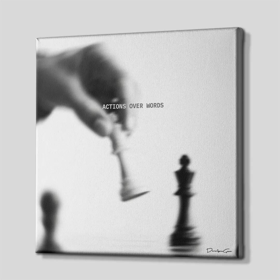 Side perspective view of black and white square canvas art showing hand playing chess move design with white gallery wrapped edge 0.75 inch thin wrap