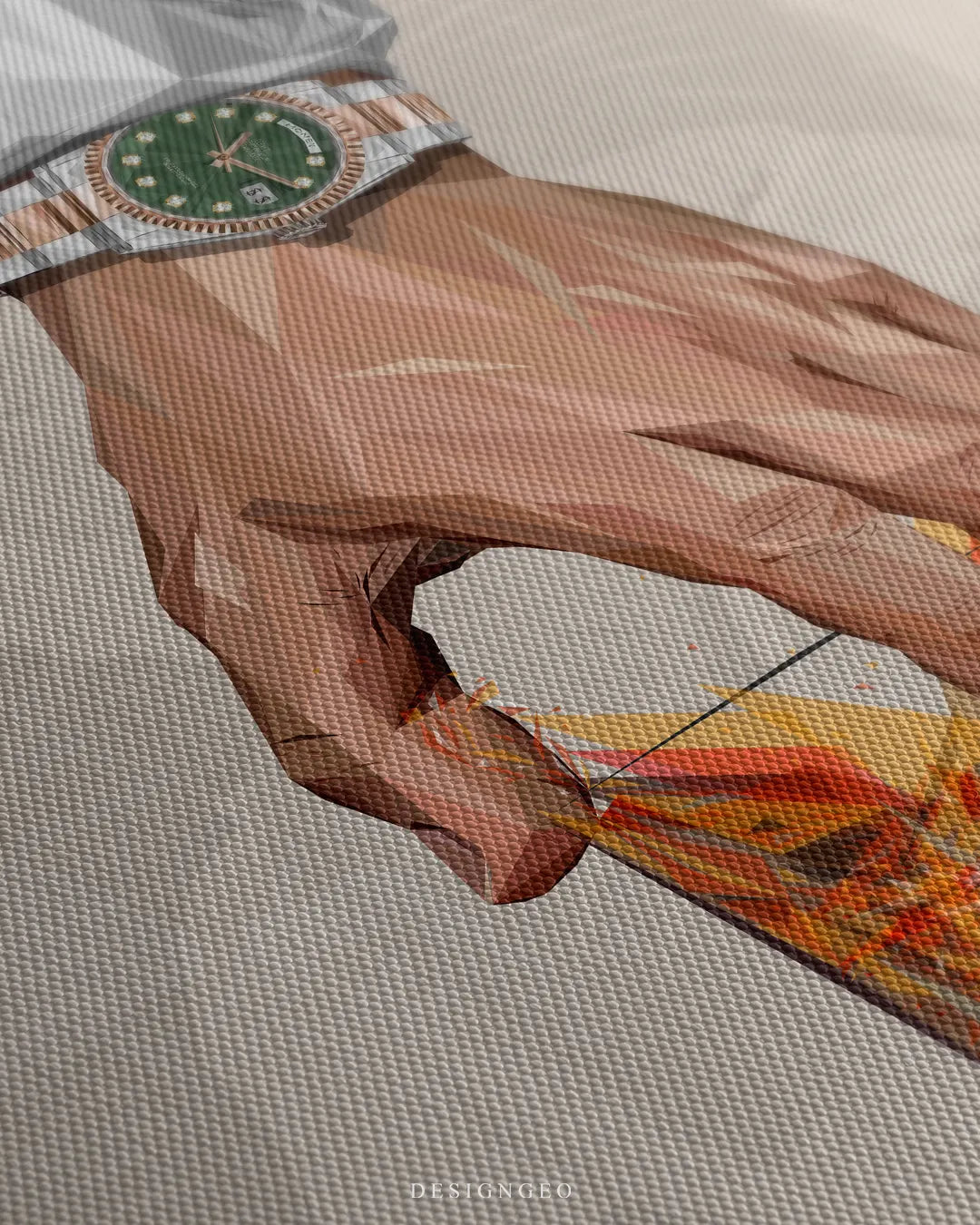 Angled macro shot showing the fine woven canvas texture over the polygonal artwork of the hand and amber whiskey glass