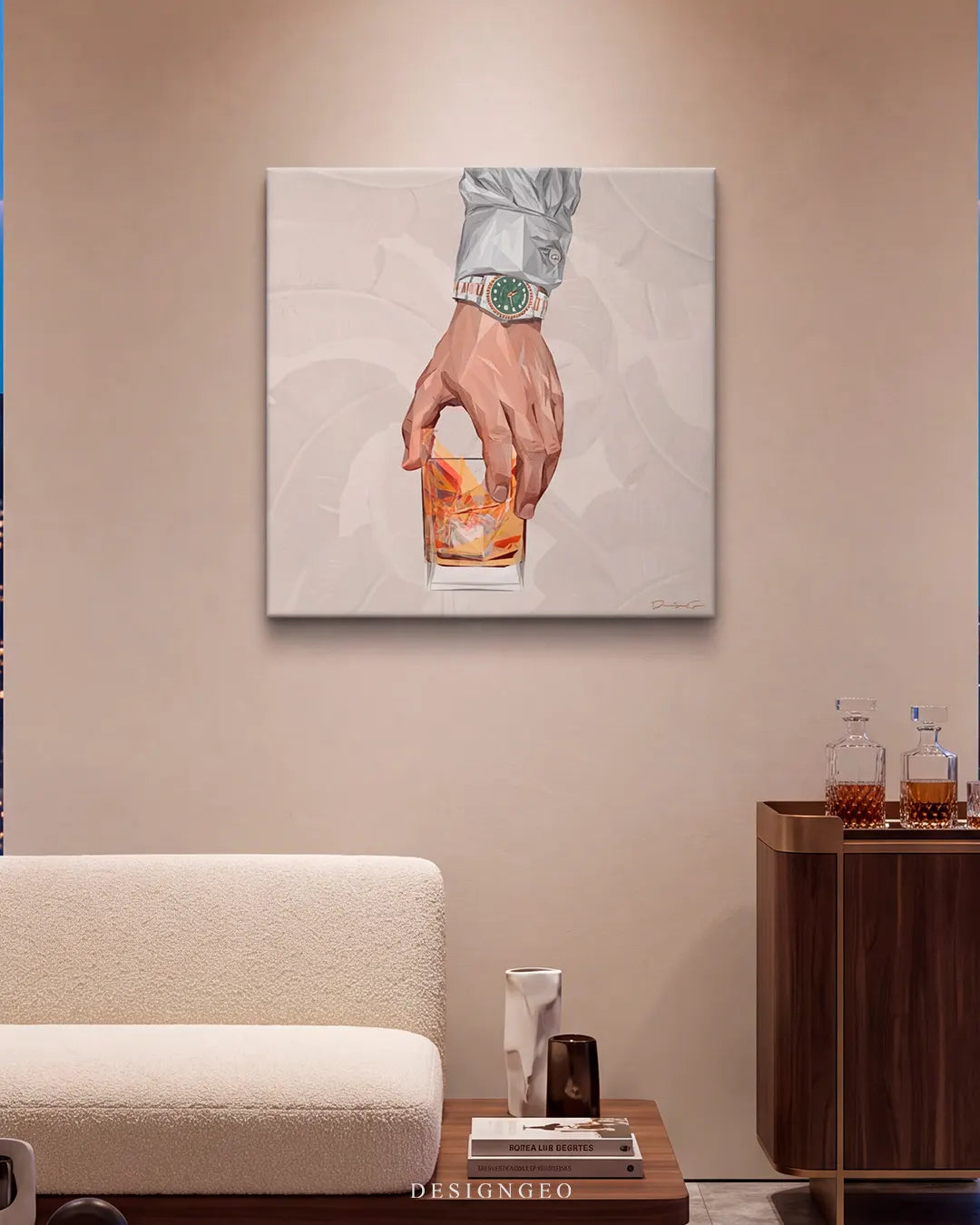 Elegantly styled living room or home bar featuring the square luxury watch canvas art mounted on a beige wall above a wooden lounge table and whiskey decanters