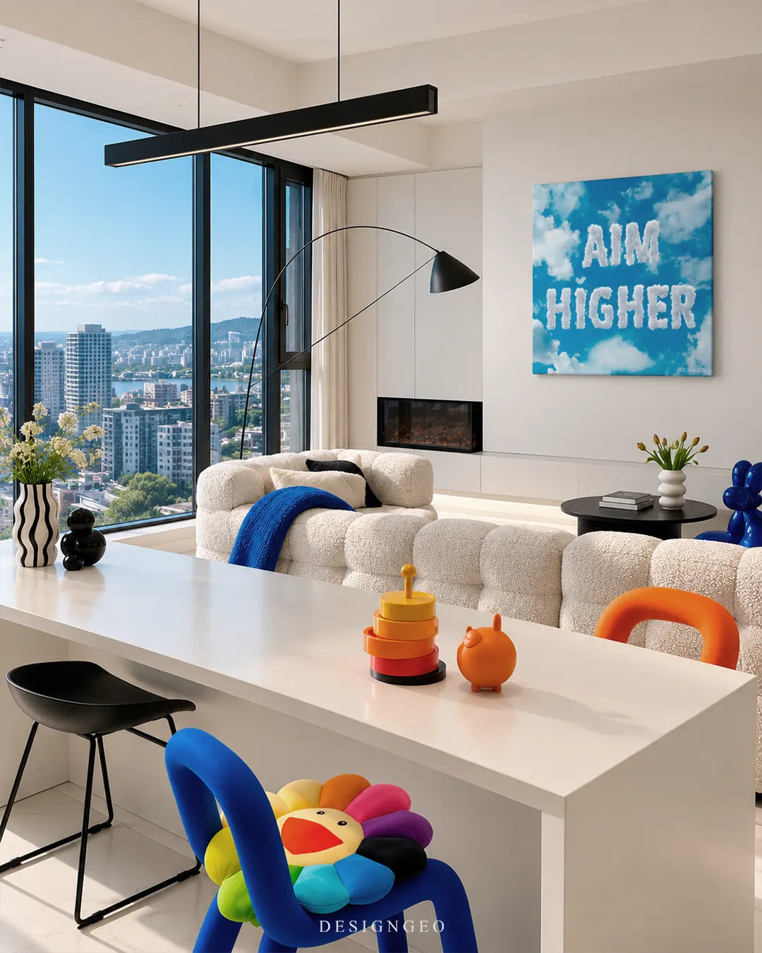 Square blue sky canvas print with fluff cloud letters spelling AIM HIGHER mounted on a white wall above a low white credenza next to a sofa with colorful cushions
