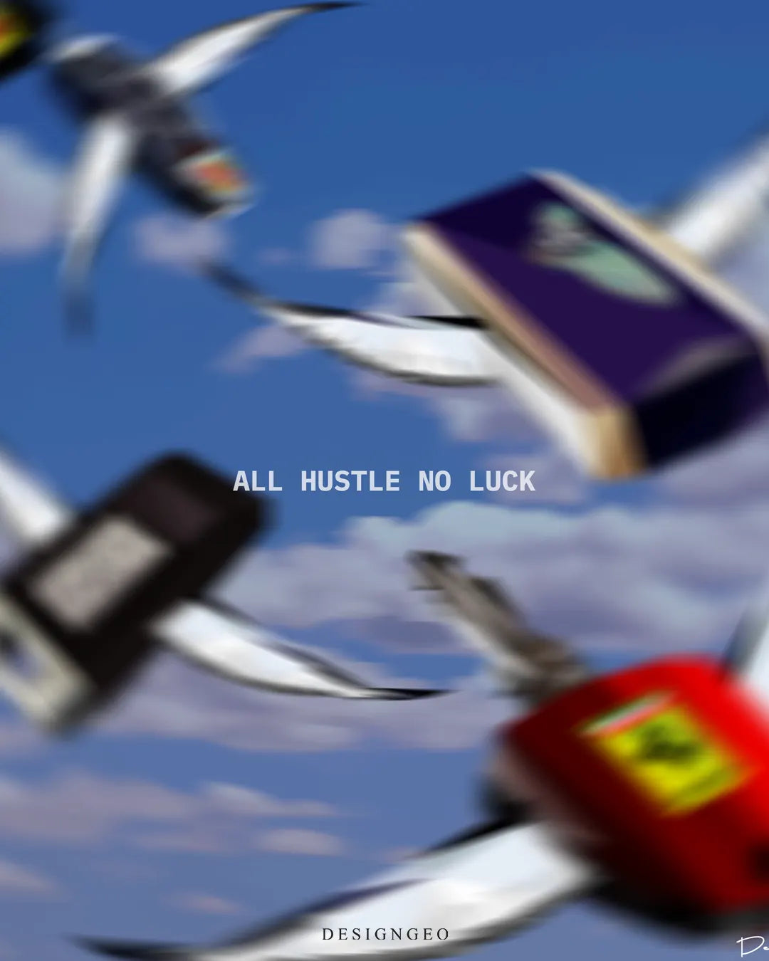 Close up view of surreal luxury car keys with wings flying in cloudy blue sky featuring typography All Hustle No Luck