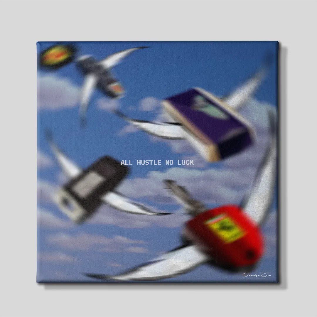 All Hustle No Luck flying luxury car keys motivational square canvas wall art featuring winged keys in blue sky 0.75 inch thin wrap