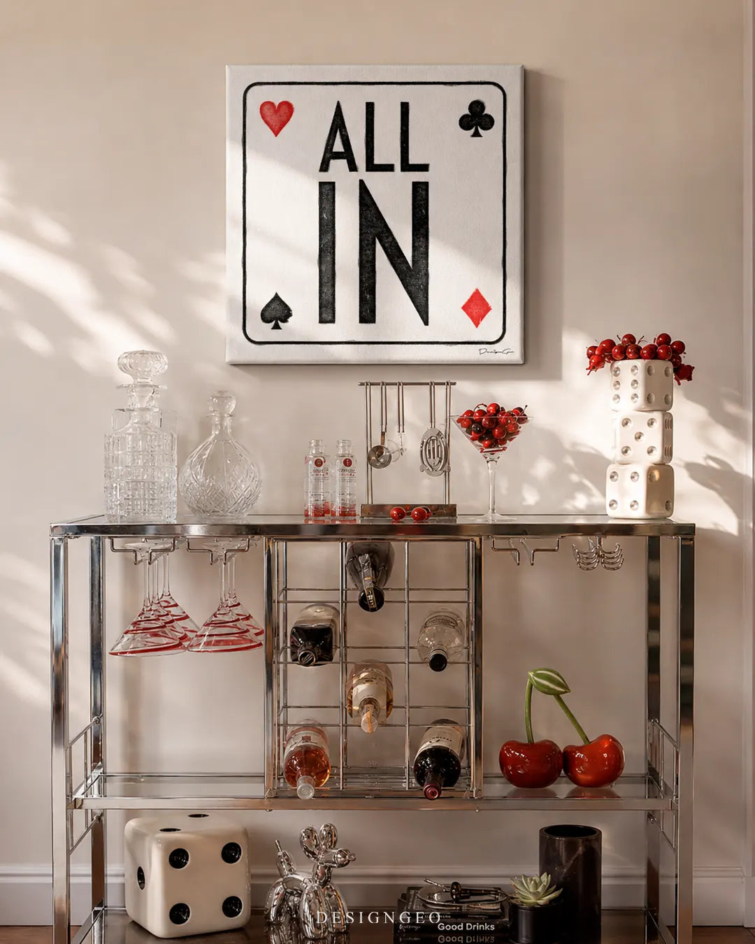 Modern bar cart home setup displaying a square canvas print with the phrase ALL IN designed like a playing card with heart, club, spade, and diamond suits