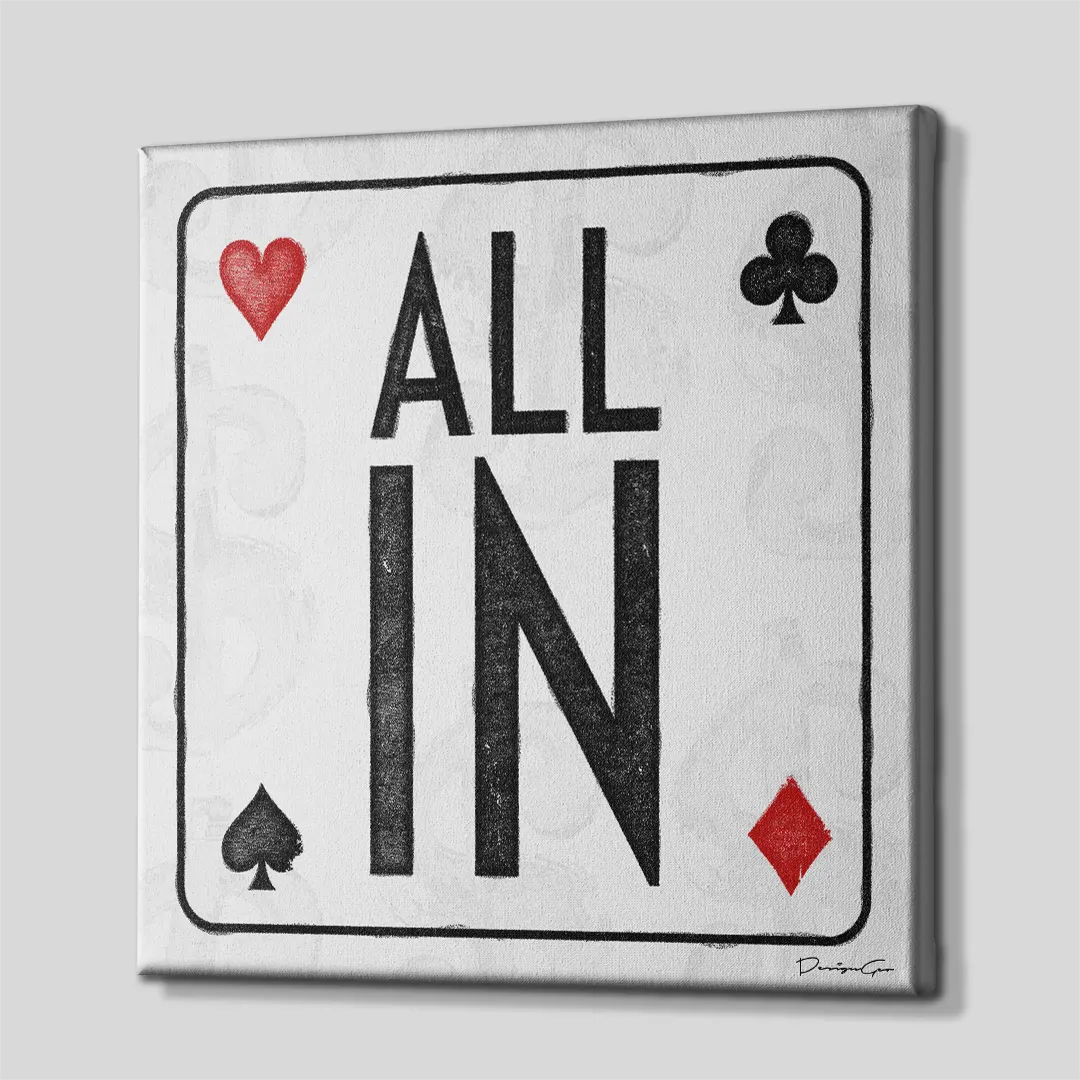 Three-quarter side angle of the All In playing card canvas wall art showing gallery-wrapped white edges mounted on a wooden frame