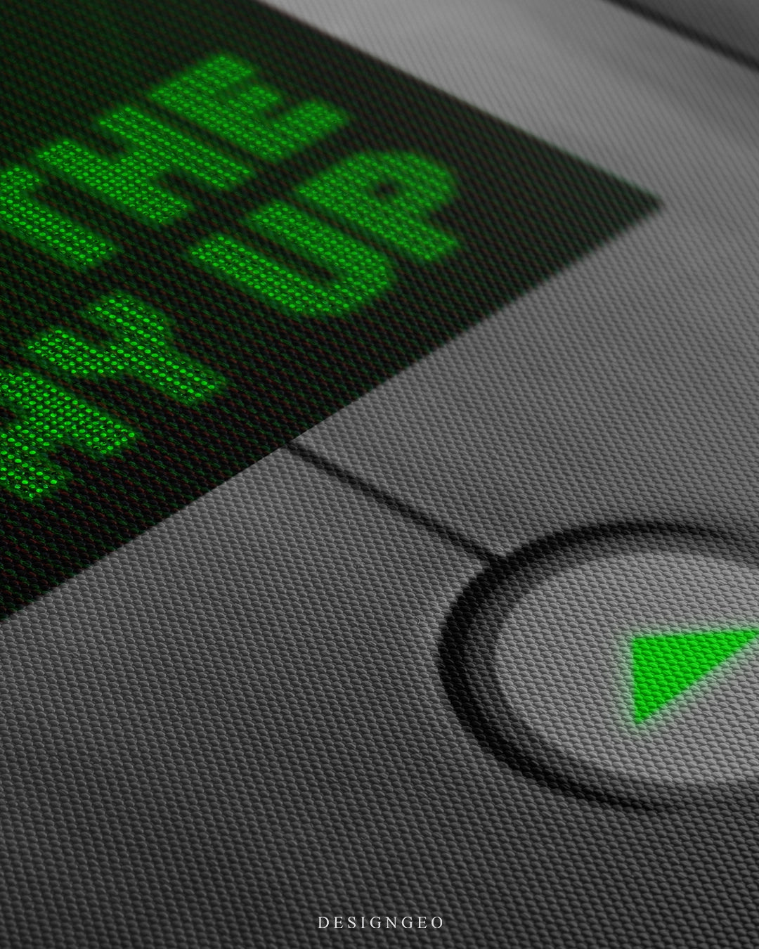 Angled macro view of the elevator canvas print highlighting the detailed woven canvas texture and an illuminated green upward arrow elevator call button