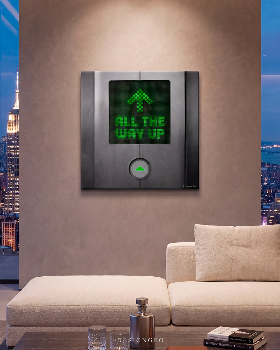 Luxury modern living room interior featuring the square "All The Way Up" elevator canvas wall art on a neutral wall above a beige sofa, flanked by floor-to-ceiling windows with a night skyline view of the Empire State Building
