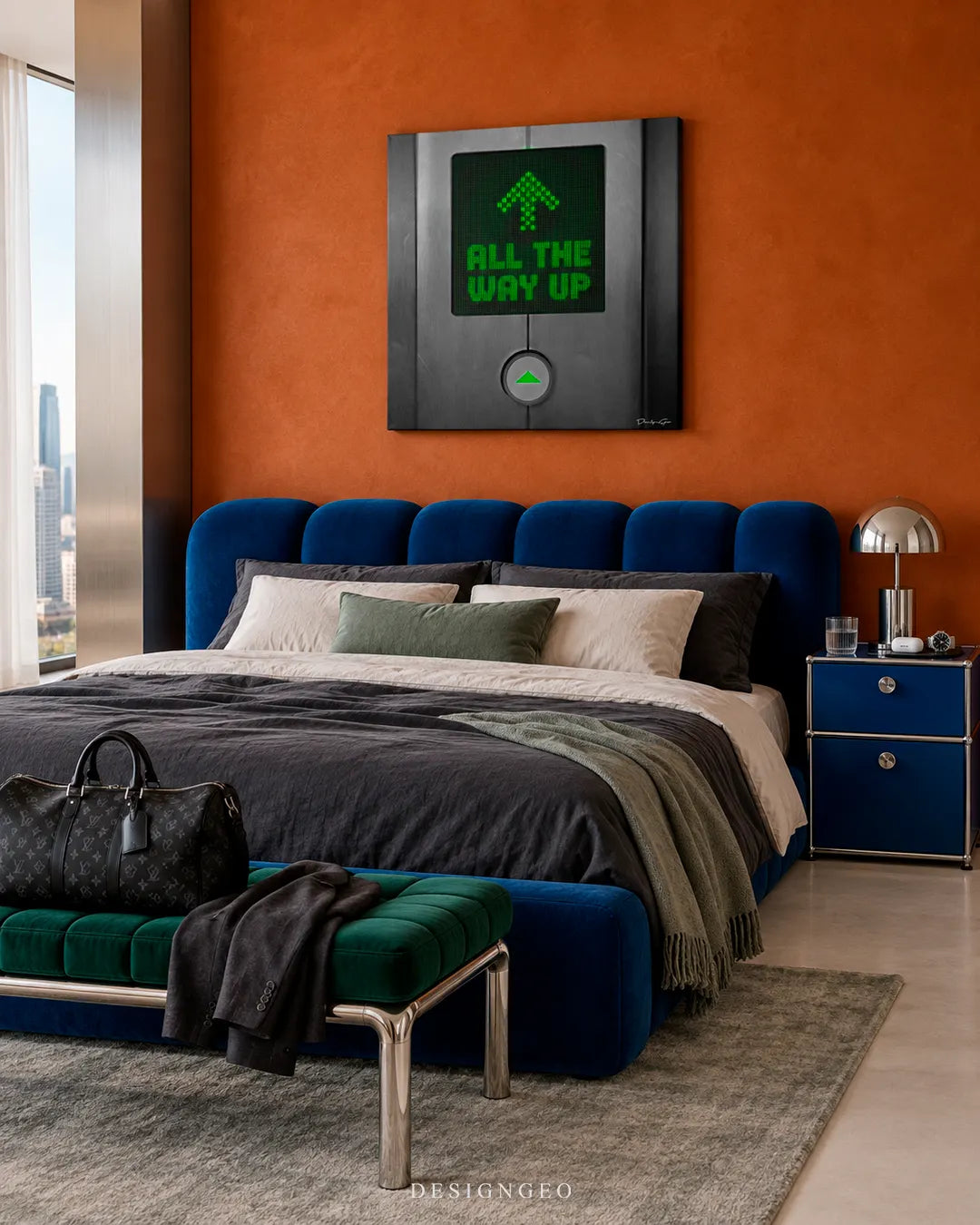 Modern luxury bedroom decor featuring a square canvas print of a metallic elevator indicator displaying a green illuminated up arrow and ALL THE WAY UP text mounted on an terracotta orange wall