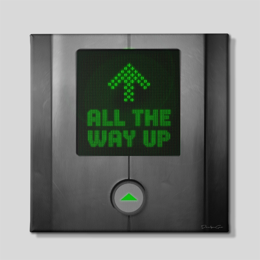 Front view of "All The Way Up" square canvas art depicting a brushed metallic elevator panel with a green LED screen display and an illuminated call button, ideal for modern office decor