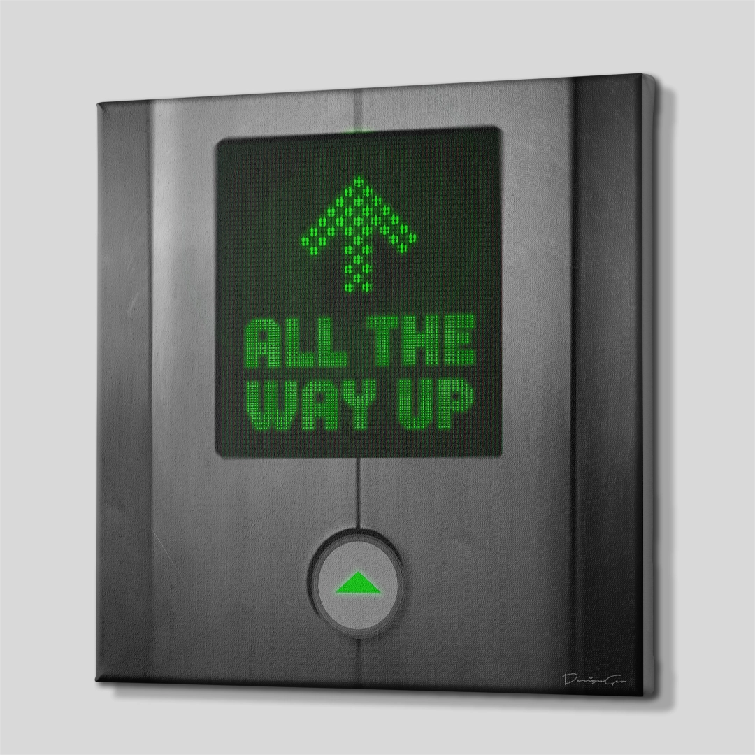 Three-quarter side view of the square "All The Way Up" elevator canvas print, showcasing the dark gallery-wrapped edges wrapped around a thick wooden frame
