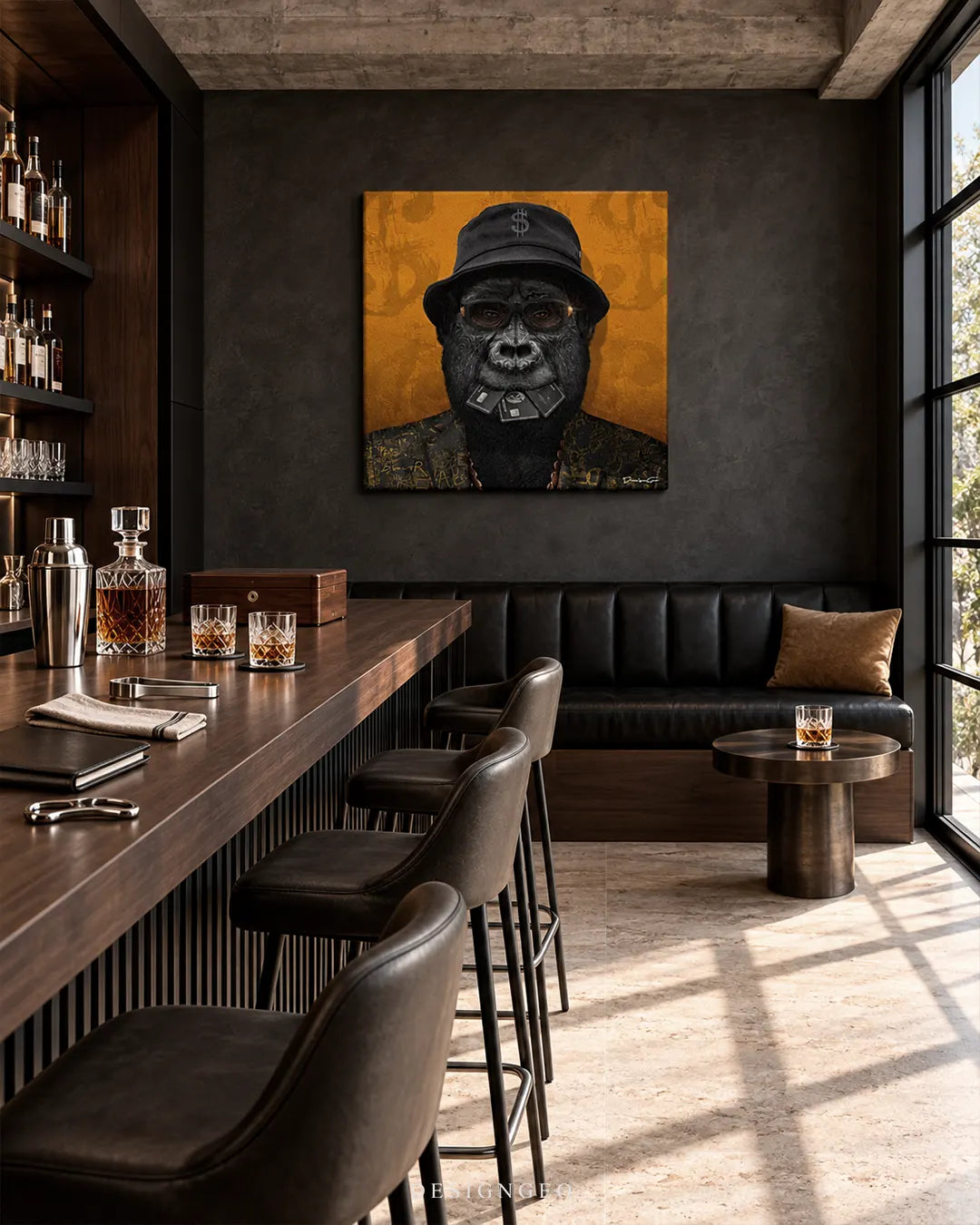 Square yellow canvas print featuring a gorilla in a bucket hat with black credit cards in its mouth mounted on a dark wall in a luxury home bar setting