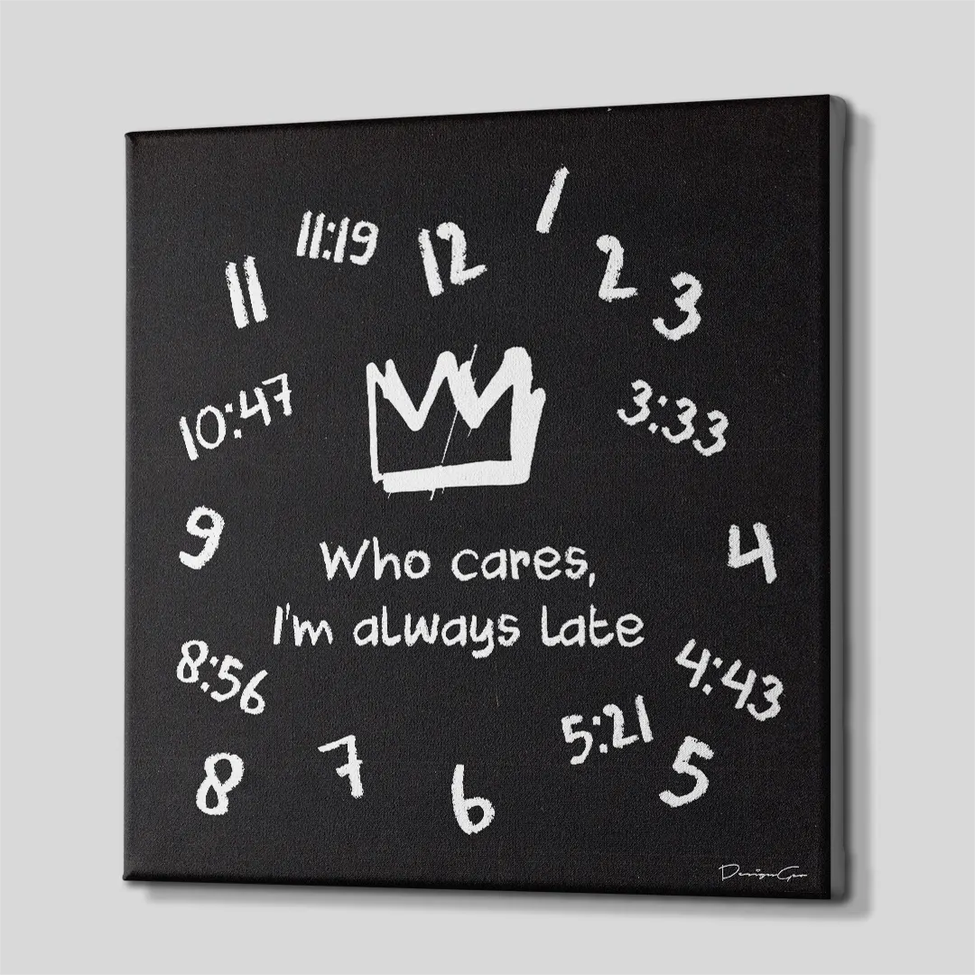 Three-quarter side angle of the Who cares I'm always late black canvas print showing gallery-wrapped dark edges mounted on a wooden frame