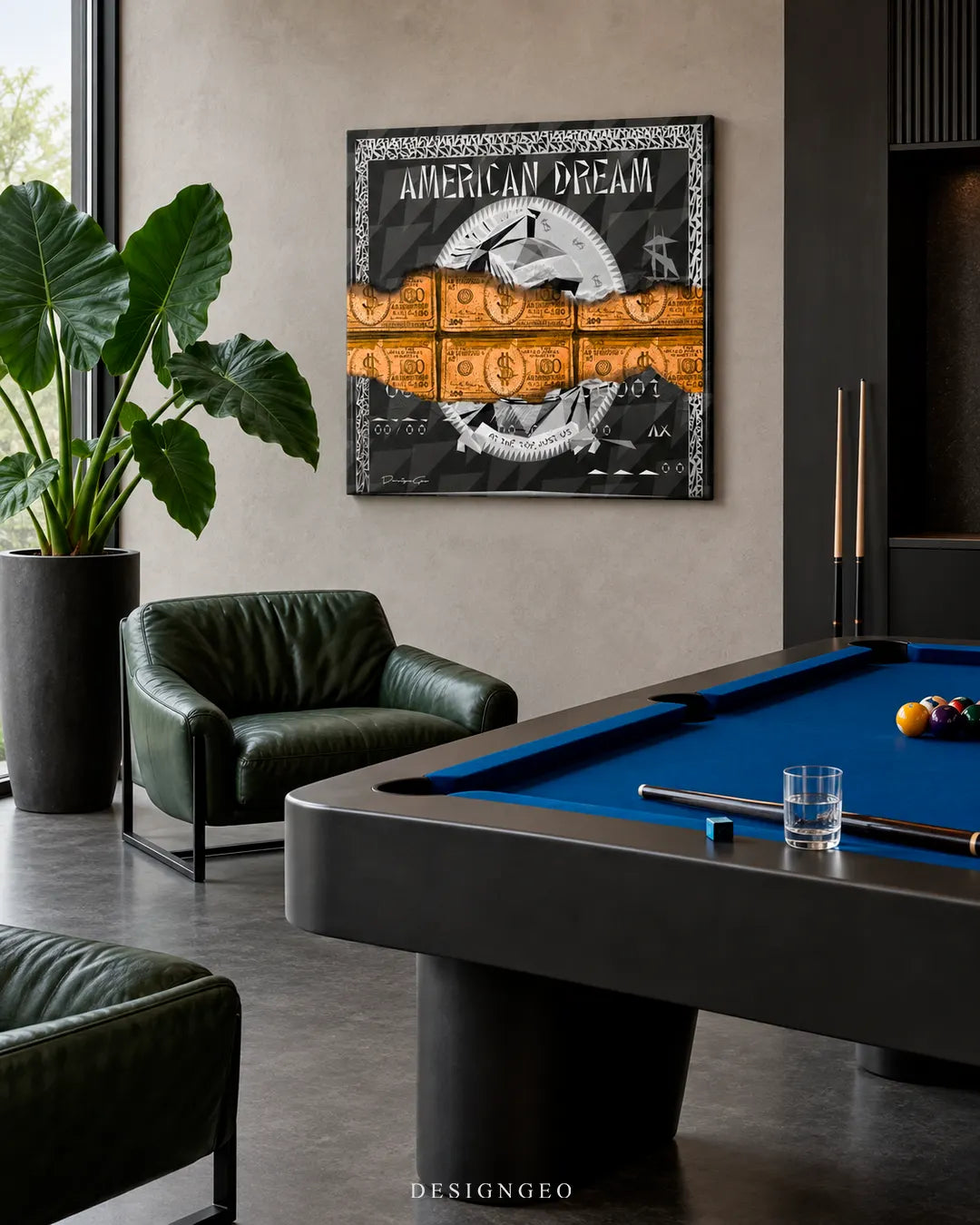 Modern luxury game room featuring a square canvas print with AMERICAN DREAM text and gold bullion bars revealed through torn paper mounted above a blue pool table