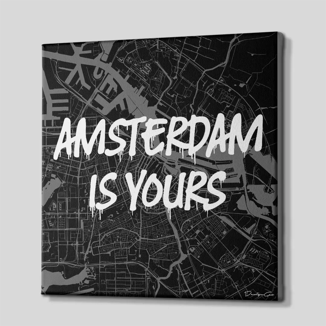 Side perspective of the Amsterdam urban map canvas print, highlighting the premium gallery wrap finish and the solid 3D frame depth perfect for professional luxury office walls