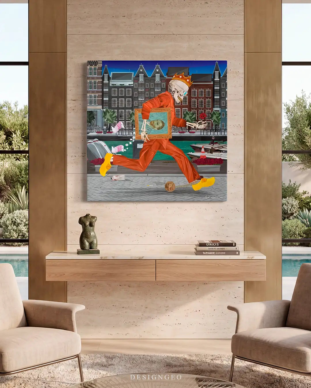 Luxury living room mockup featuring Amsterdam Rush canvas wall art, a contemporary urban artwork with a running skeleton figure inspired by Amsterdam canal architecture, displayed as modern statement wall decor in a high end interior.