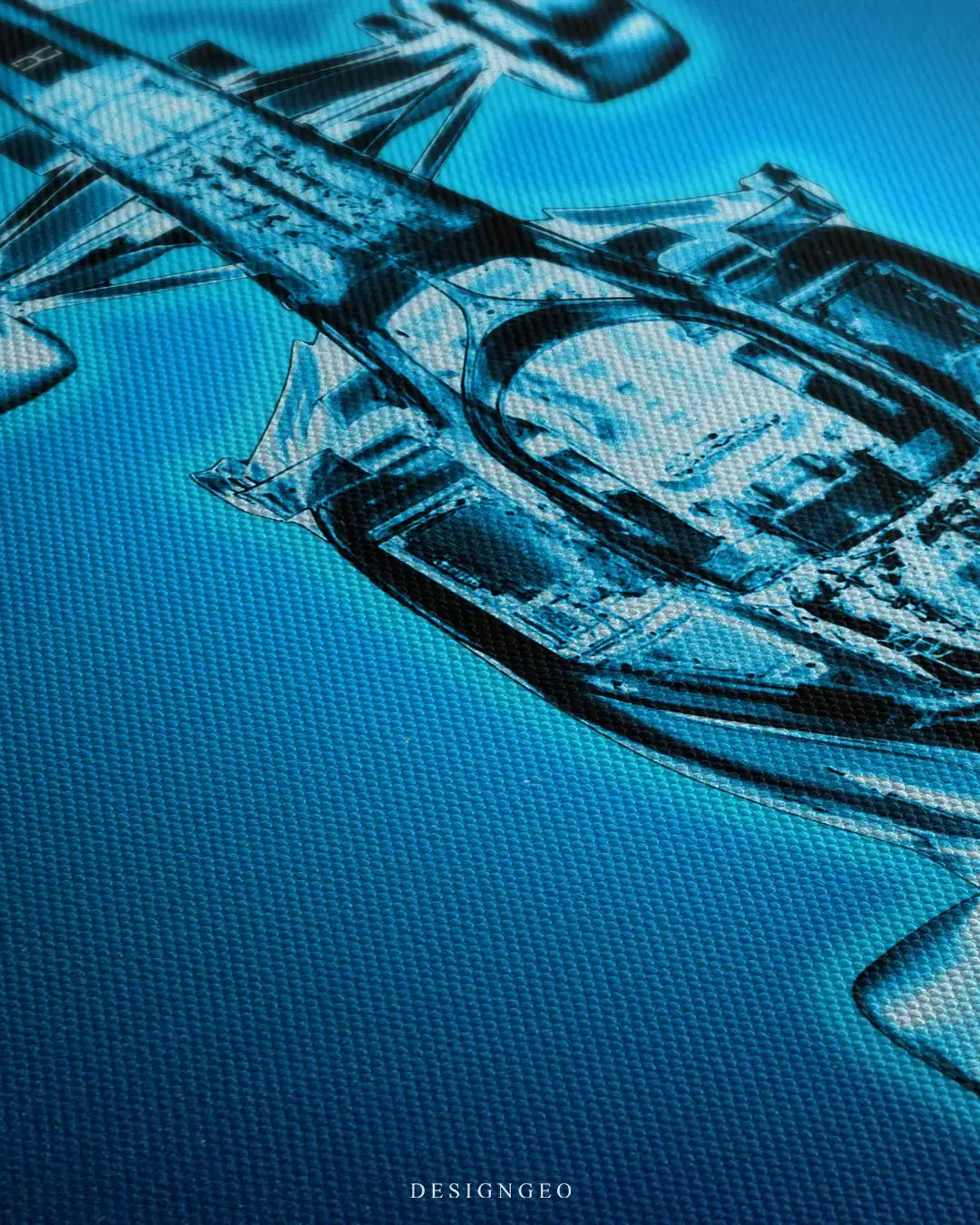 Close-up of modern motorsport wall art featuring an X-ray blueprint design of a Formula race car, showing the internal engineering against a bright cyan medical background