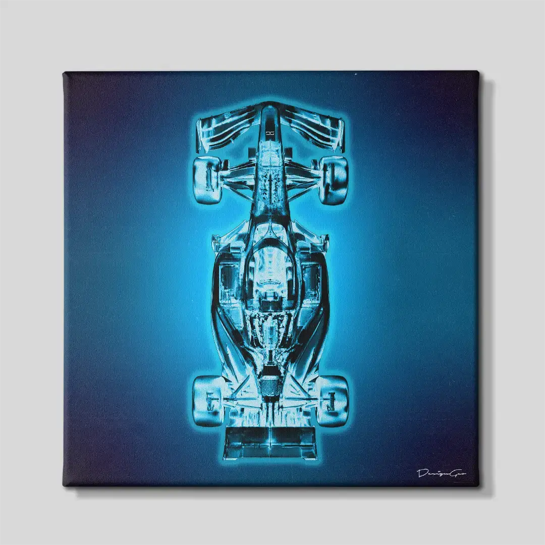 Front view of the Formula race car X-ray blueprint square canvas wall art, a premium decorative piece for modern garages, engineering offices, or high-tech studies