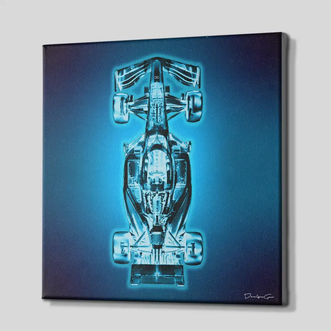 Side angle of the engineering-themed motorsport motivation canvas print, highlighting the high-quality gallery wrap finish and professional 3D frame depth
