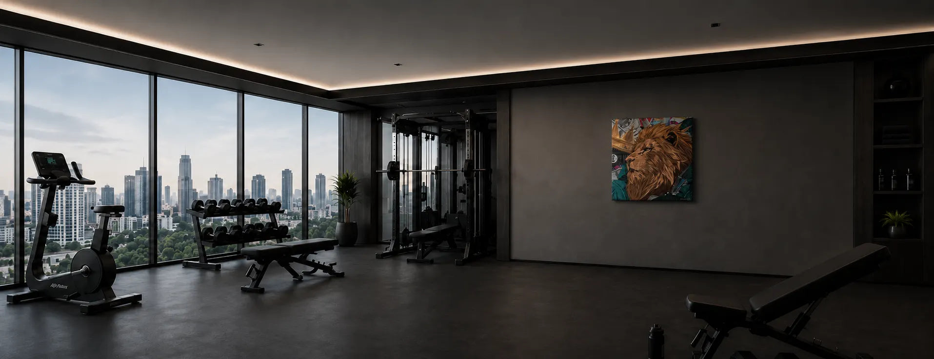 Modern luxury penthouse home gym featuring a square graffiti lion canvas print mounted on a dark grey wall near gym equipment and floor-to-ceiling windows with city views