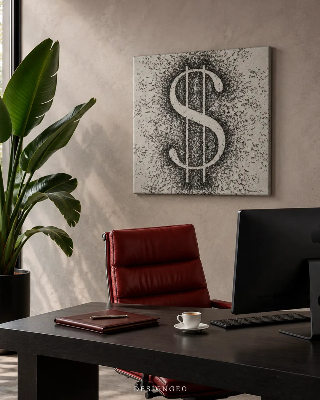 Executive office workspace featuring a square canvas print of black ants swarming to form a large dollar sign mounted on a beige wall above a dark wooden desk